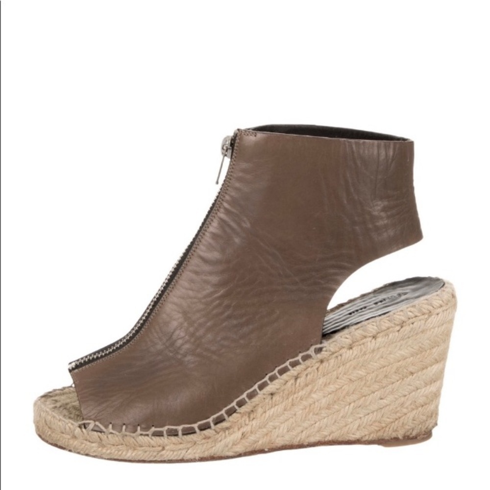 Celine Leather Espadrille Wedges Zipper Sandals Tan Taupe Peep Toe Designer